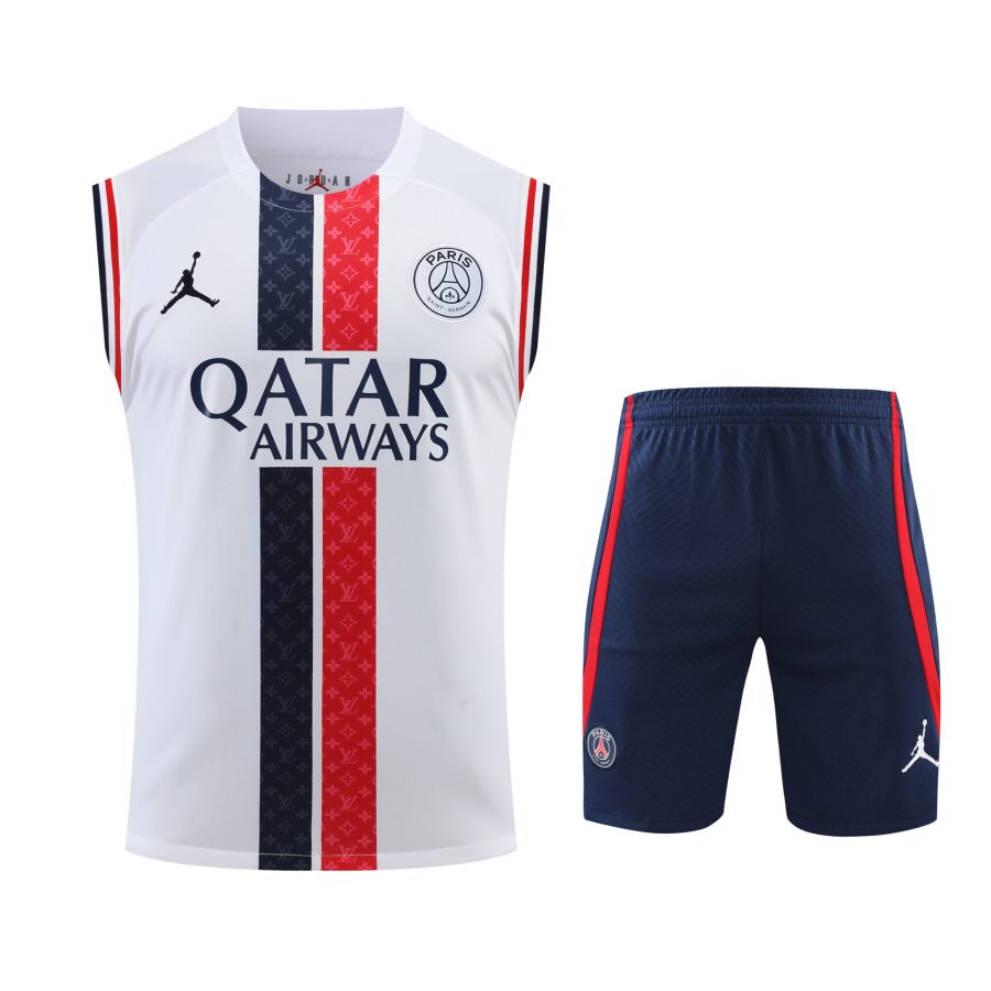 Conjunto tirantes PSG blanco raya azul oscuro y rojo