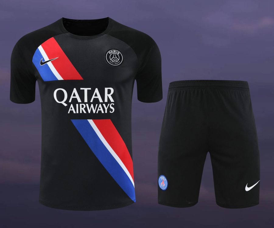 Conjunto de calentamiento PSG negro franja azul blanca y roja